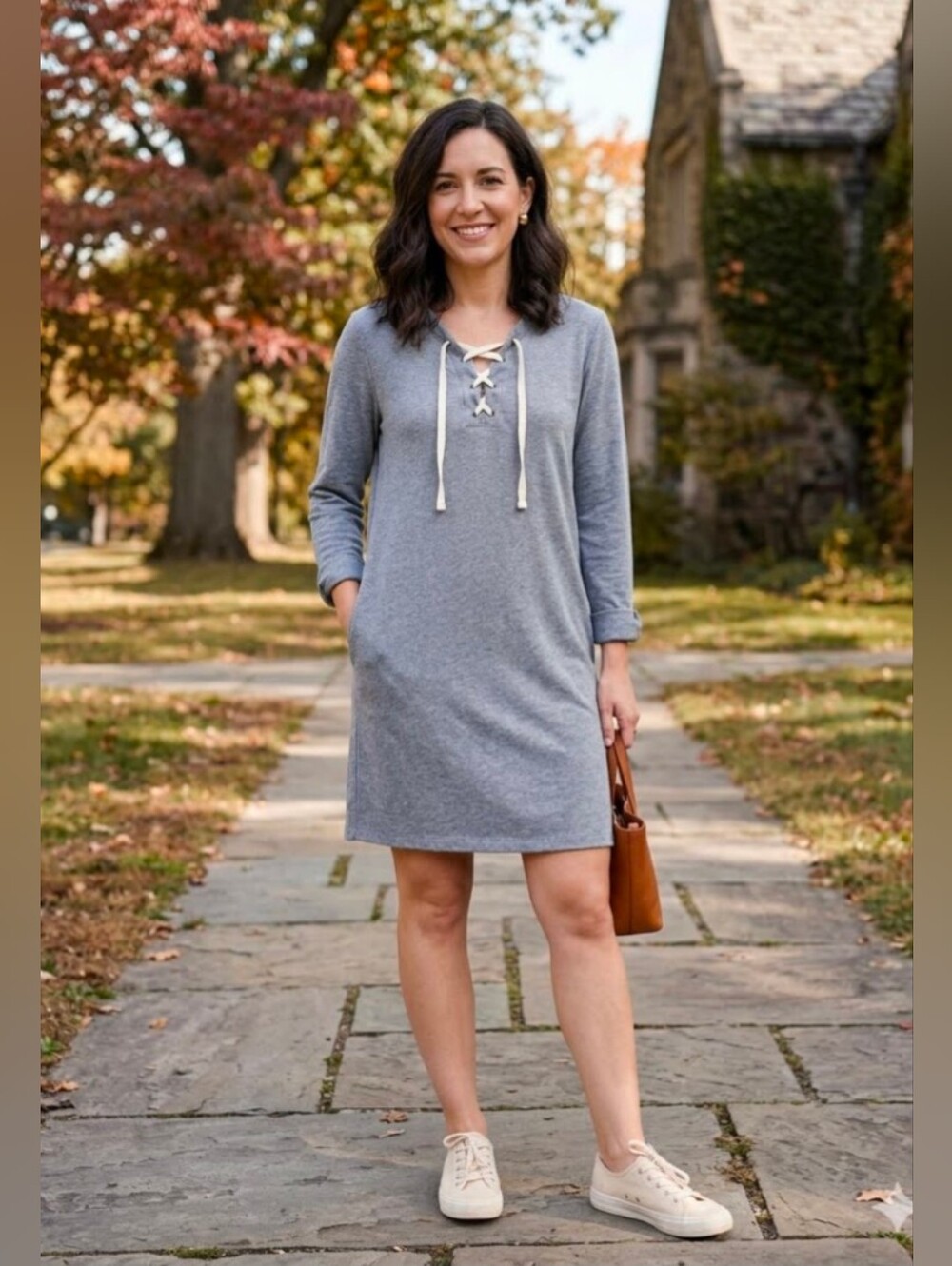 Old Navy Heather Gray Lace-Up Thin Sweatshirt Dress with Cream Ties Size Small